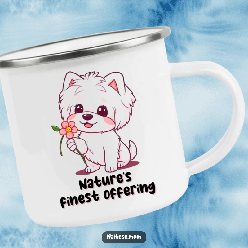 Funny Maltese Dog Camping Mug: Durable mug with a dog offering a flower with a sweet smile, ideal for enjoying the outdoors humorously.