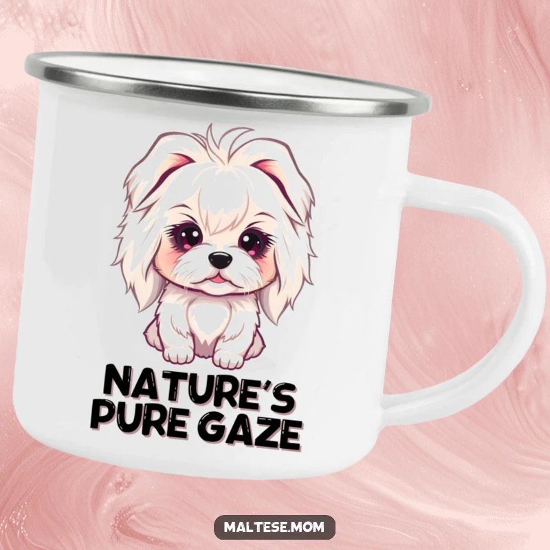 Funny Maltese Camping Mug depicting a lady dog with a sweet, innocent gaze, a durable and humorous cup for calm adventurers.