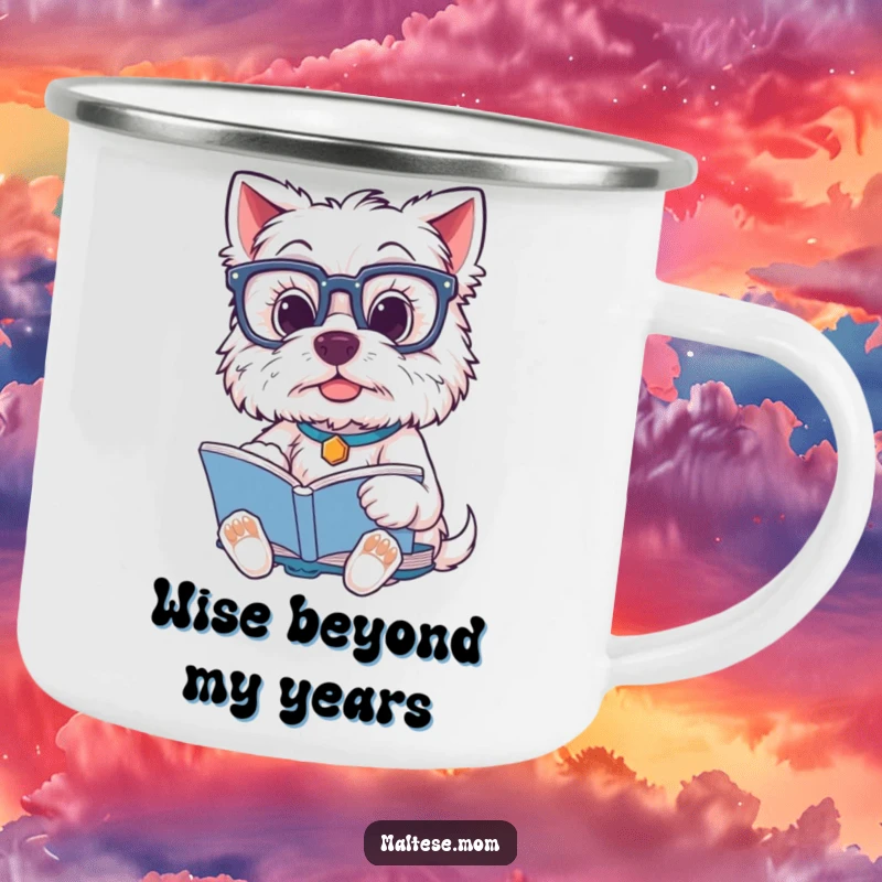 Funny Maltese Dog Camping Mug: A Maltese dog in glasses reads a book, ready for outdoor adventures and witty conversations.