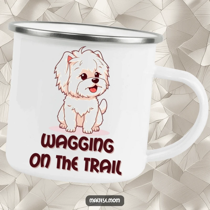 Funny camping mug with a Maltese dog character's fluffy tail wagging enthusiastically, perfect for outdoor enjoyment.