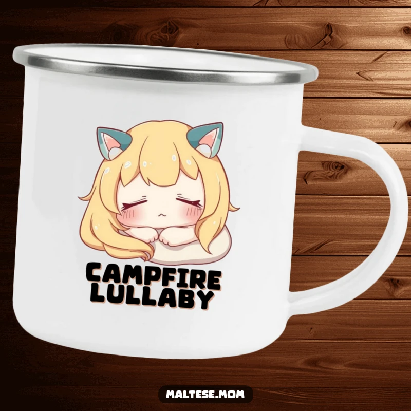 Funny Camping Mug depicting a character resting peacefully with eyes softly closed, ideal for enjoying beverages and serene moments outdoors.