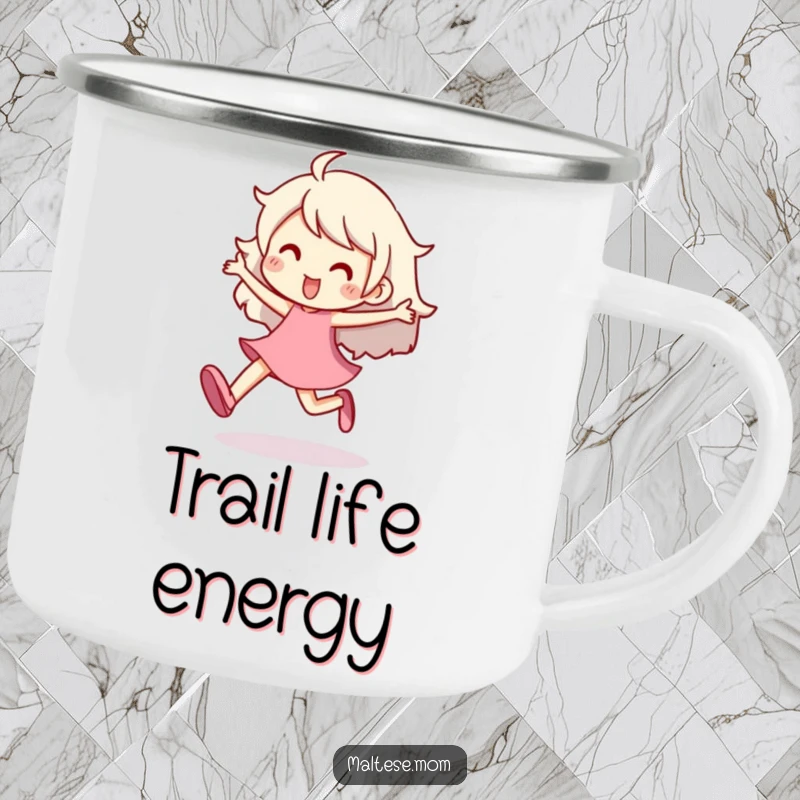 Funny Camping Mug depicting a character prancing with an energetic and lighthearted step, ideal for enjoying beverages during outdoor activities.