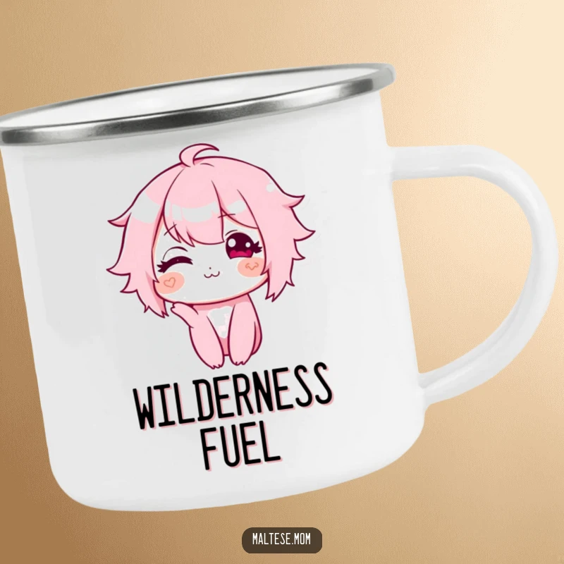Funny camping mug showcasing a character with a tiny, sweet smile and a slight head tilt, perfect for enjoying drinks on the go.
