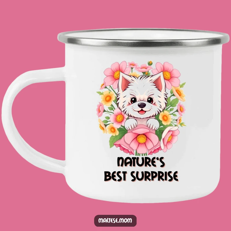 Funny Maltese Camping Mug: Outdoor Pup Peeking from Flowers, Adventure Funny Gift