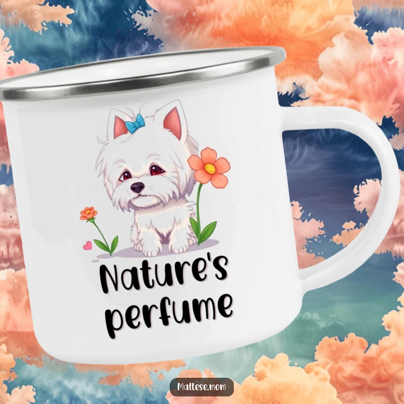 Funny Maltese Lady Camping Mug: A cute Maltese dog curiously sniffing a flower, perfect for outdoors and funny gifting.