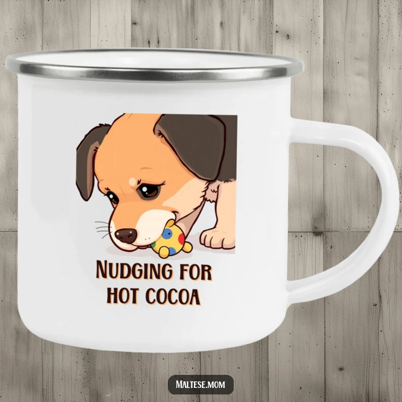 Funny Camping Mug showing a dog nudging a small, colorful toy with its wet nose, ideal for playful outdoor enthusiasts.
