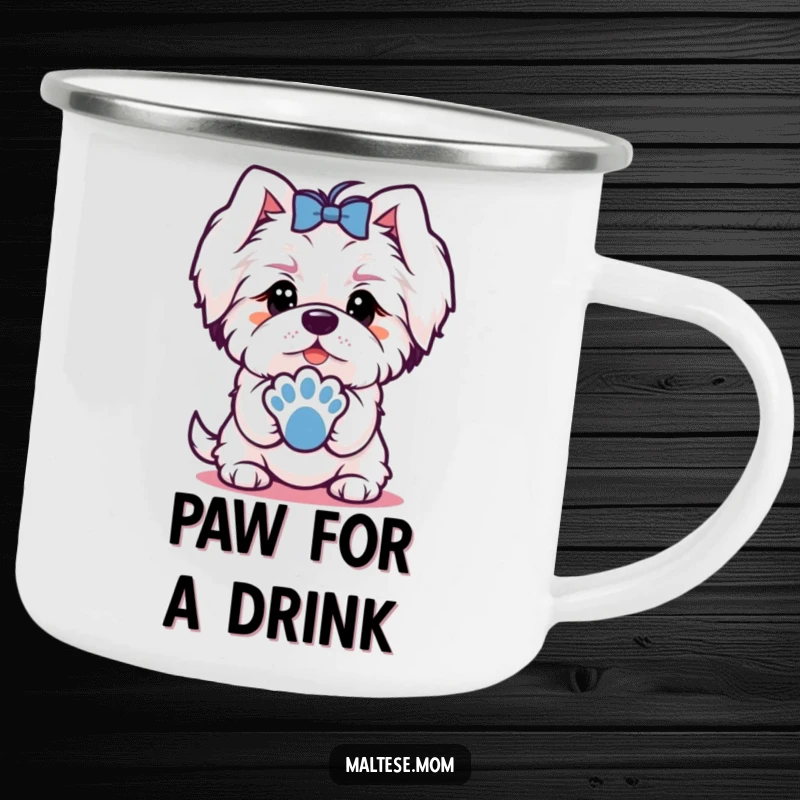 Funny camping mug with a Maltese dog character offering a paw with a charming look, perfect for friendly outdoor use.