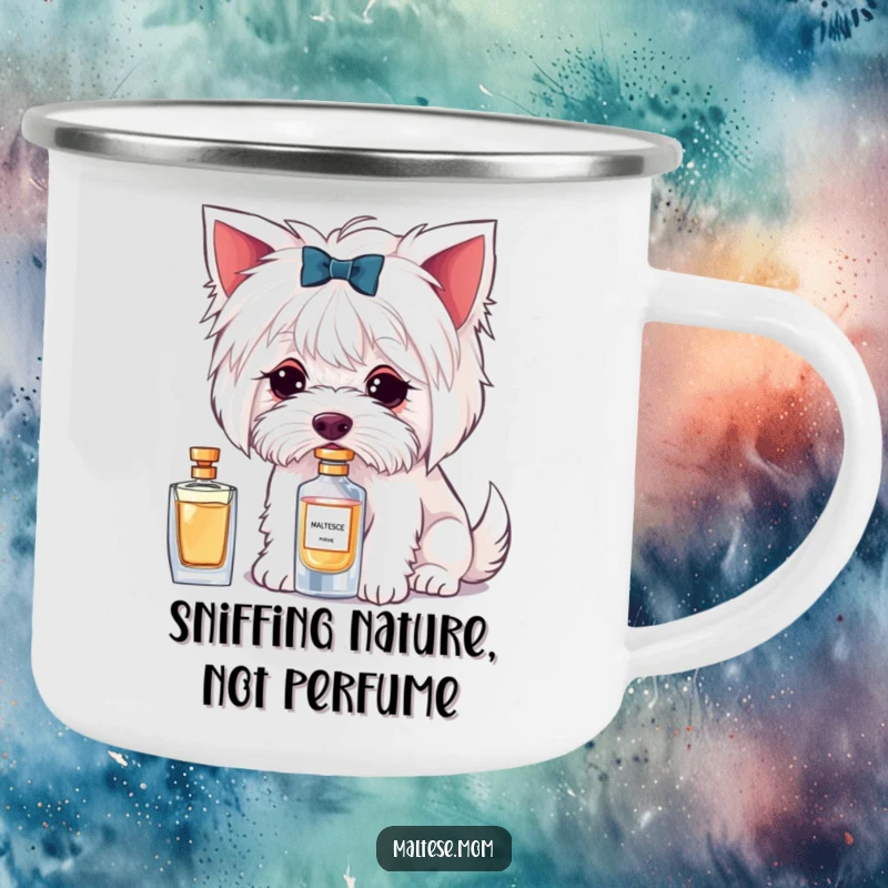 Funny camping mug with a Maltese dog character delicately sniffing a perfume bottle, perfect for stylish outdoor use.