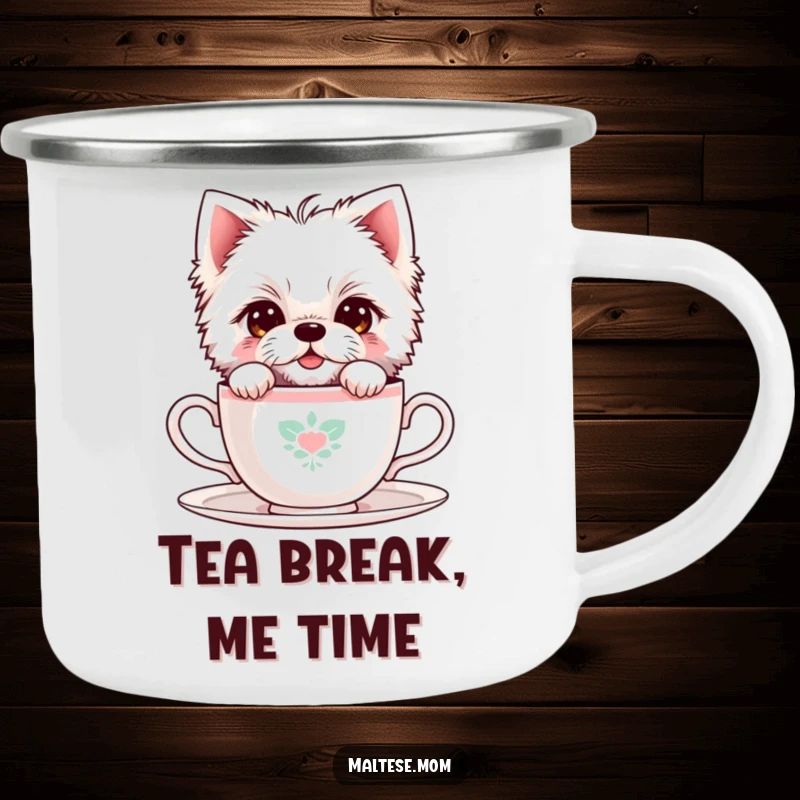 Funny Maltese Dog Camping Mug: A shy Maltese dog peeks from behind a teacup, perfect for sweet sips on outdoor adventures.