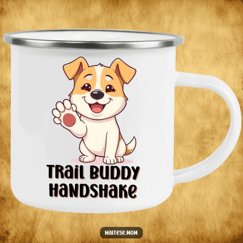 Funny Camping Mug: A dog offers its paw for a shake, inviting friendship and good times during outdoor adventures.