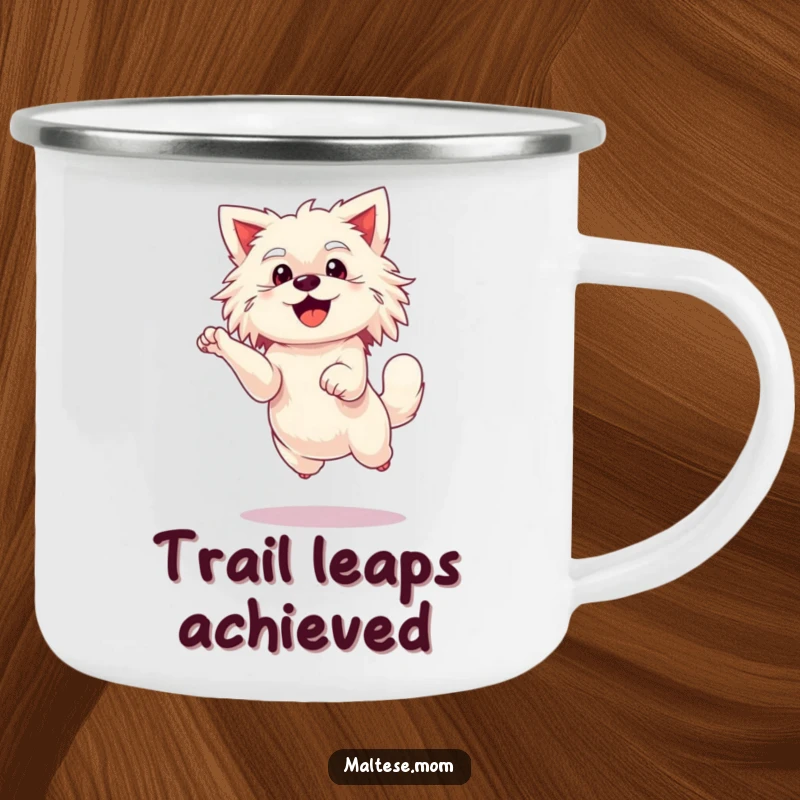 Funny Maltese lady dog camping mug, performing an enthusiastic leap, durable for outdoor joy.