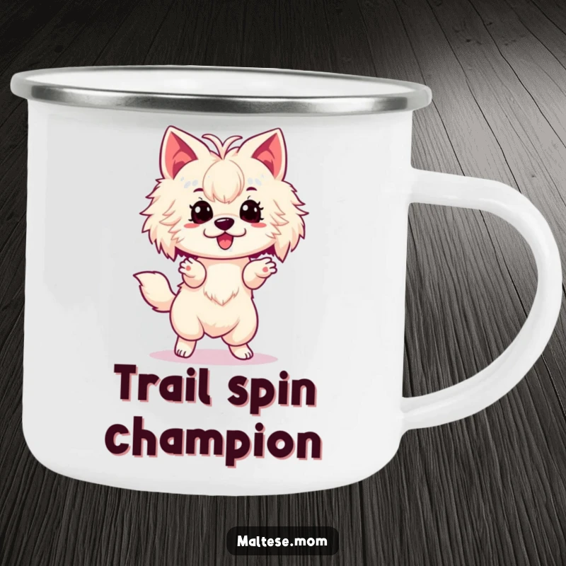 Funny Maltese Camping Mug depicting a lady dog mid-excited spin, a durable and humorous cup for outdoor enthusiasts.