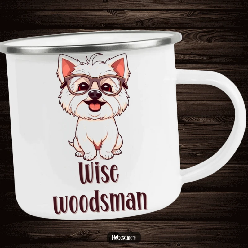 Funny Maltese dog camping mug with a giggling white dog wearing oversized glasses and striking a silly pose.
