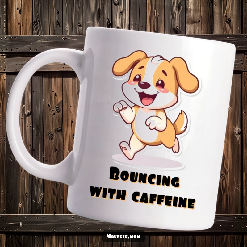 Funny mug depicting a dog character prancing with pure joy, front paws lifted, capturing a moment of ecstatic happiness.
