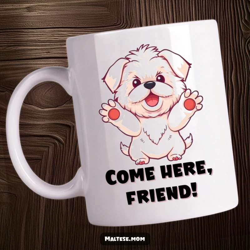 Funny Kawaii Maltese dog mug, illustration of a cute white dog with paws gently outstretched, offering a warm and inviting welcome.