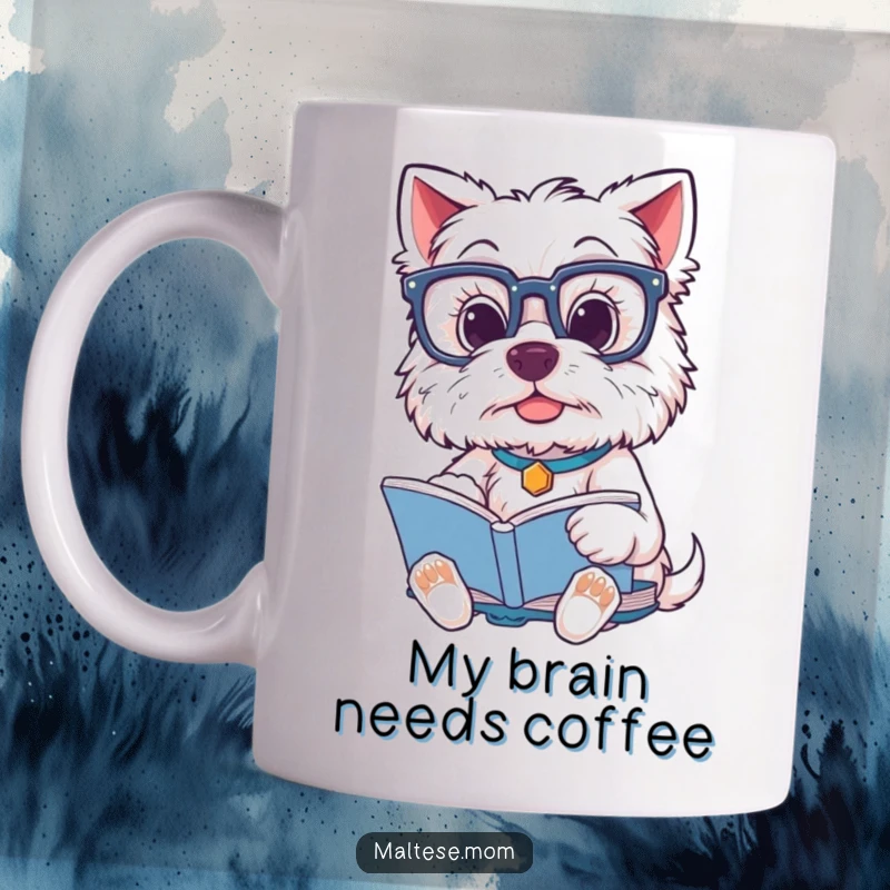 Funny Maltese Dog Mug: Adorable pup sporting large glasses, engrossed in a book, exuding scholarly charm and wit.