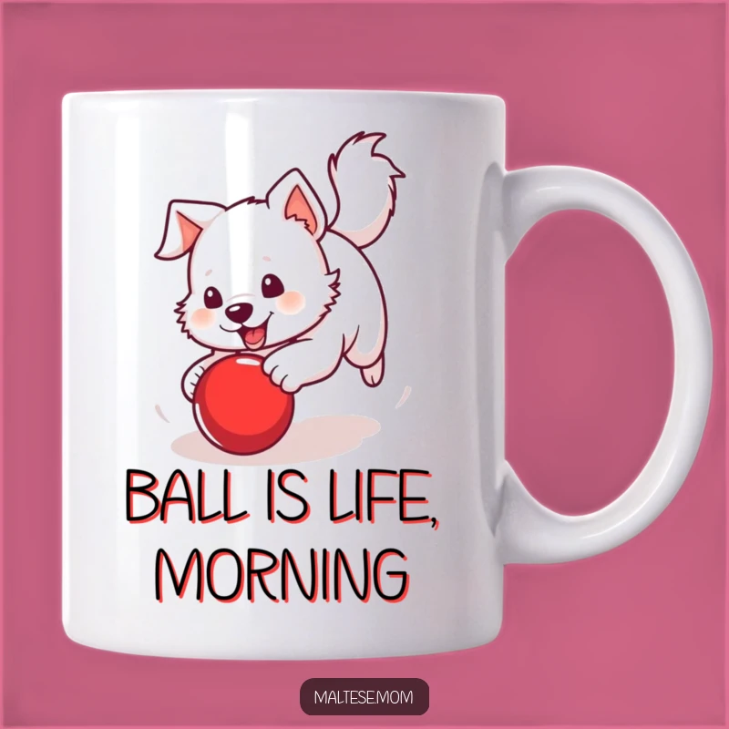 Funny Chasing Dog Mug: Energetic White Pup & Red Ball, Action-Packed Gift