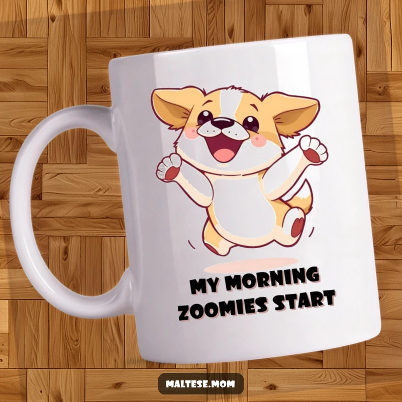 Funny Mug: A jubilant dog leaps high in the air, pure delight on its face, embodying infectious energy and playful spirit.