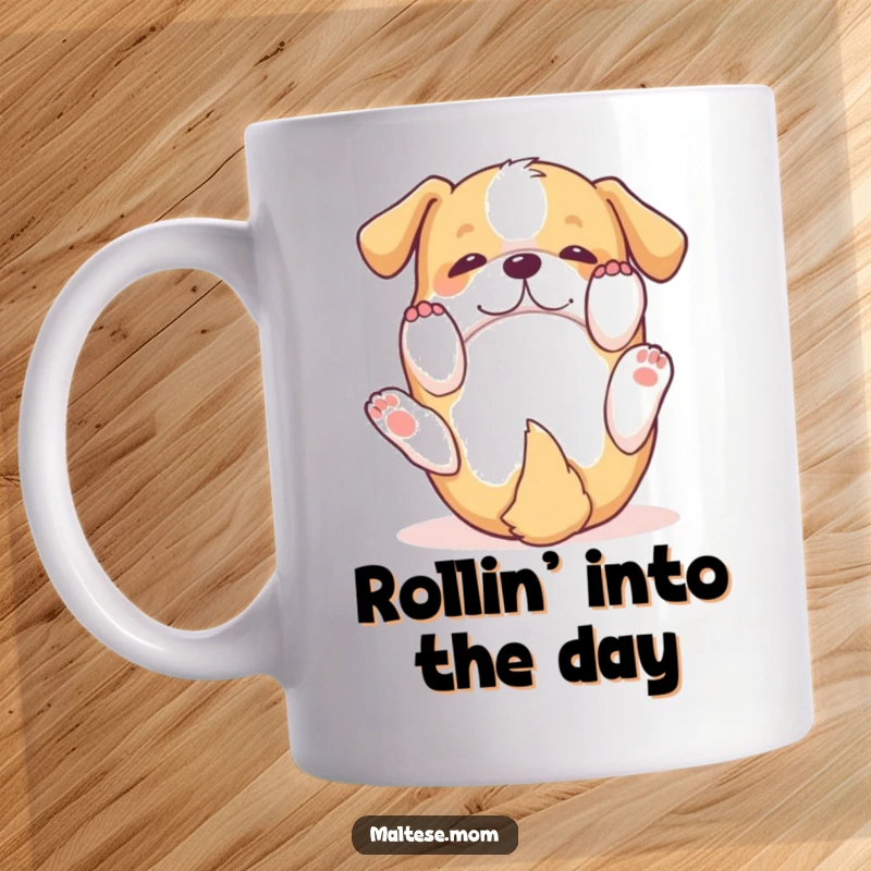 Funny Mug: A small dog joyfully rolls on its back with paws in the air, showcasing pure delight and playful abandon.
