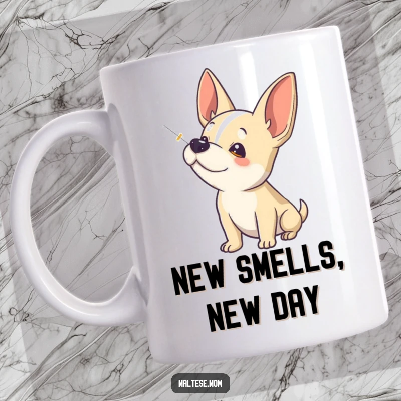 Funny Mug: A dog sniffs the air intently, ears perked, showcasing keen interest and the thrill of discovery.