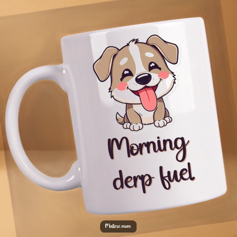 Funny mug featuring a dog character with a happy, slightly goofy expression and its tongue playfully peeking out.