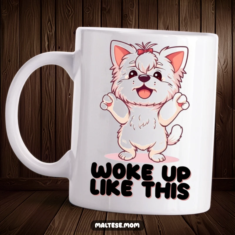 Funny Maltese Dog Mug: A happy Maltese dog is captured mid-silly dance with paws up in the air, radiating pure joy.