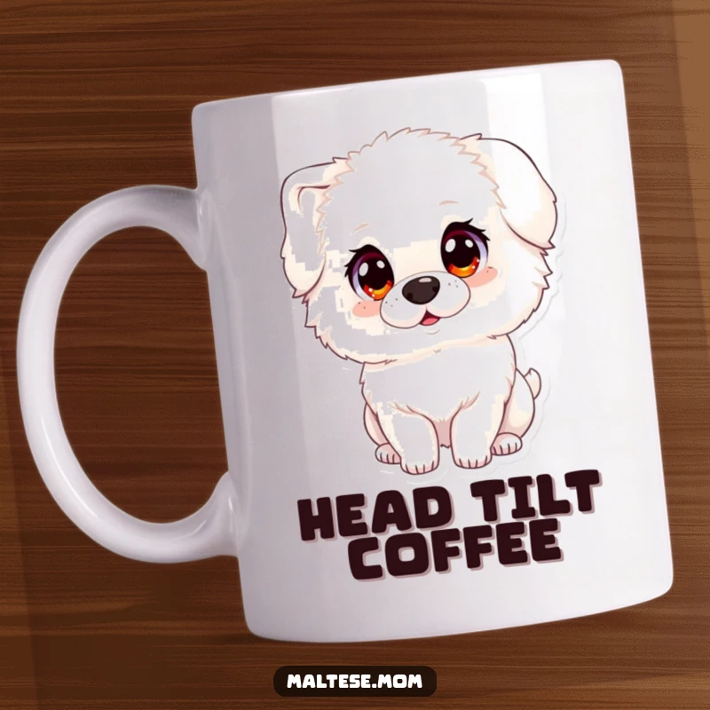 Funny mug featuring a fluffy white dog with large, innocent eyes, tilting its head adorably, a symbol of pure charm.