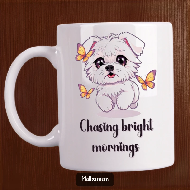 Funny Kawaii Maltese dog with wide, sparkling eyes, playfully chasing a shimmering butterfly, full of wonder.