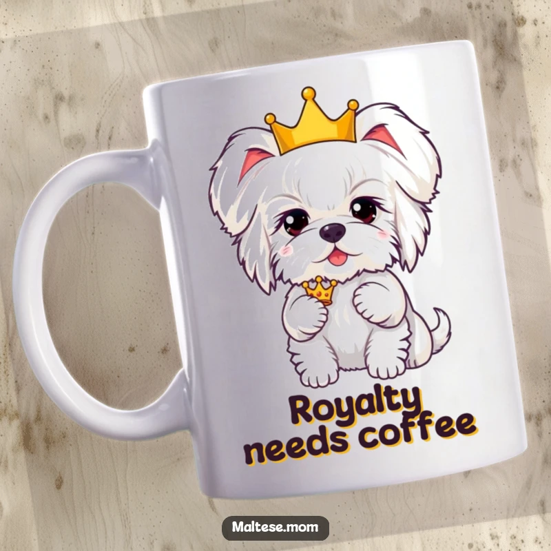 Funny Kawaii Maltese dog with fluffy ears perked up, proudly holding a tiny golden crown, looking regal.