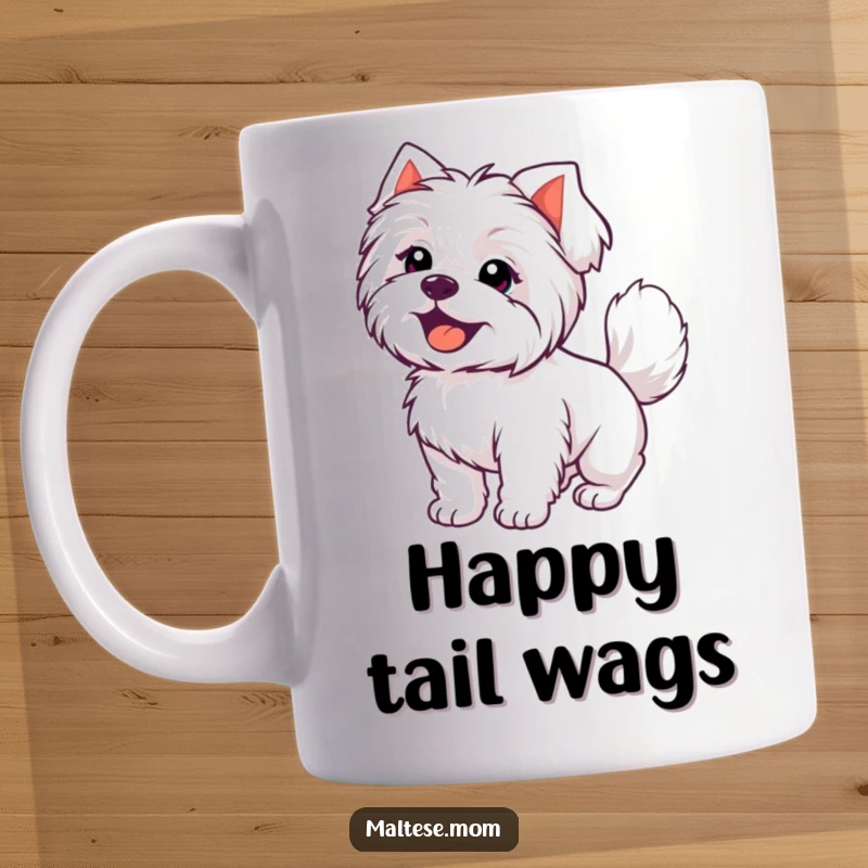 Funny Kawaii Maltese dog with a joyful expression, its fluffy plumed tail wagging energetically, radiating happiness.