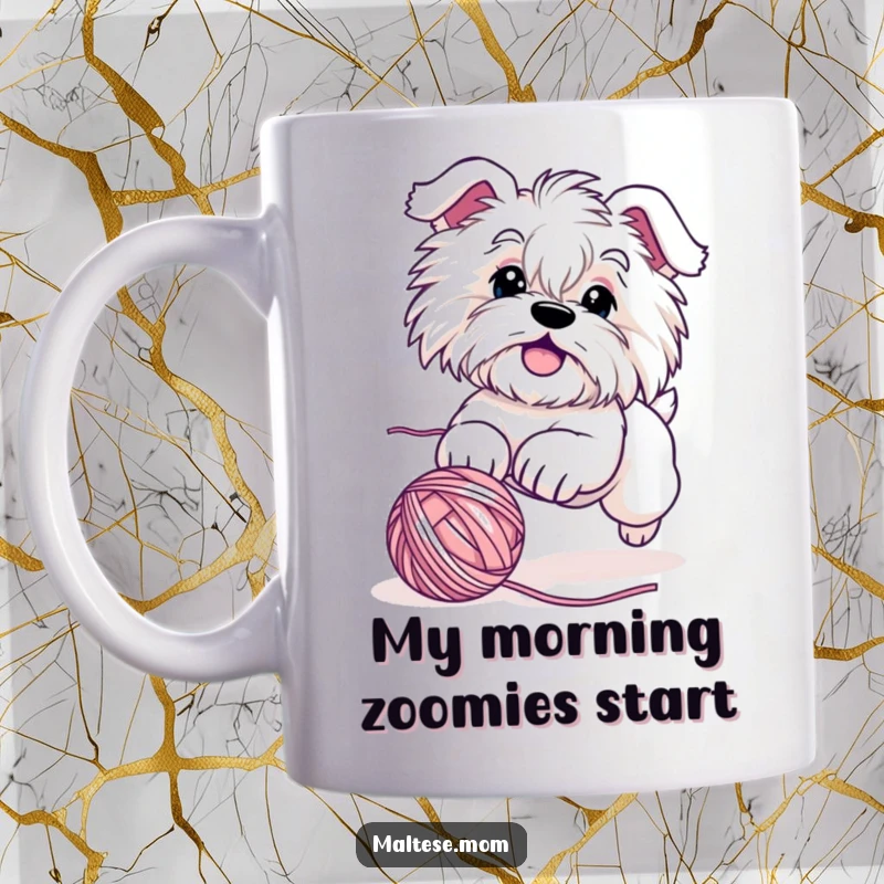 Funny Maltese dog mug featuring a cute character playfully chasing a bright red yarn ball, expressing joyous energy and a love for mischief.
