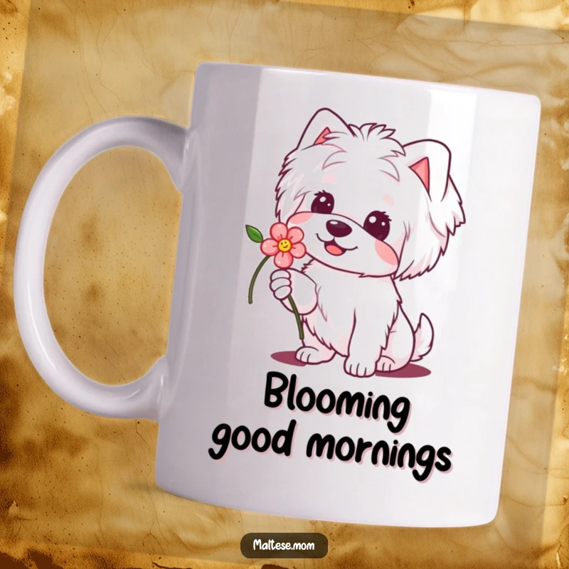 Funny Maltese Dog Mug: Cute dog with a sweet smile offers a delicate flower, radiating kindness and gentle humor.