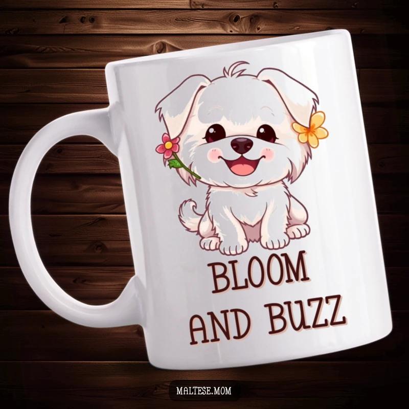 Funny Maltese dog mug showcasing a happy white dog with a flower behind its ear, tail wagging joyfully.