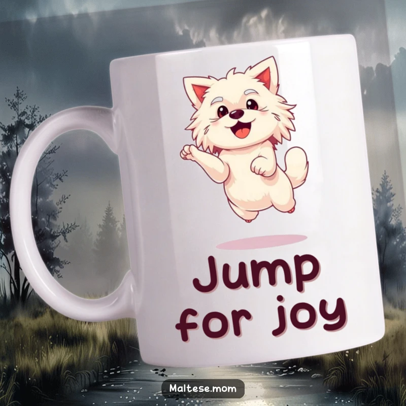 Funny Maltese lady dog mug, doing a tiny, enthusiastic leap, full of joy and energy.