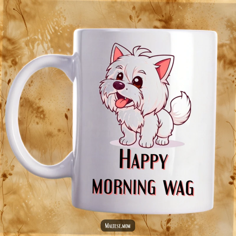 Funny Maltese Lady Mug: A happy Maltese dog with her tail wagging enthusiastically, radiating pure joy and humor.
