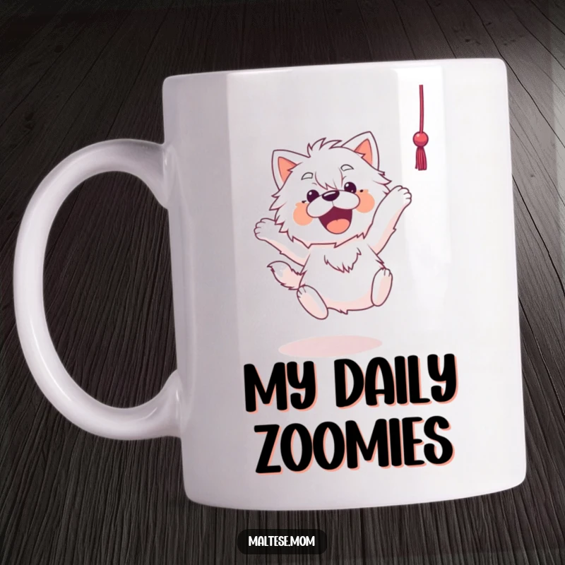 Funny Maltese dog mug depicting an excited Maltese mid-air, joyfully leaping towards a dangling string with absolute focus.