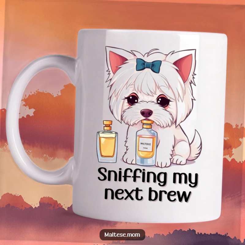 Funny mug featuring a Maltese dog character delicately sniffing a small perfume bottle with a curious expression.