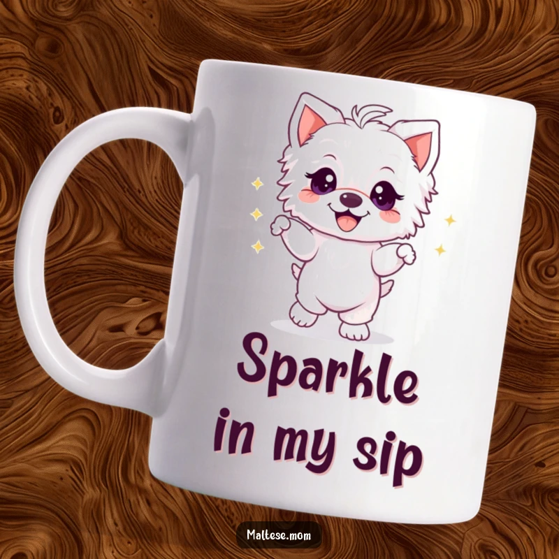 Funny Maltese puppy dancing joyfully with wide, sparkly eyes and a huge grin, captured on a festive mug.