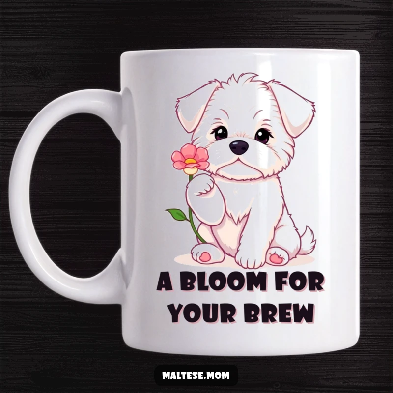 Funny Maltese puppy sitting politely with paws raised, offering a single, delicate flower with a sweet expression.