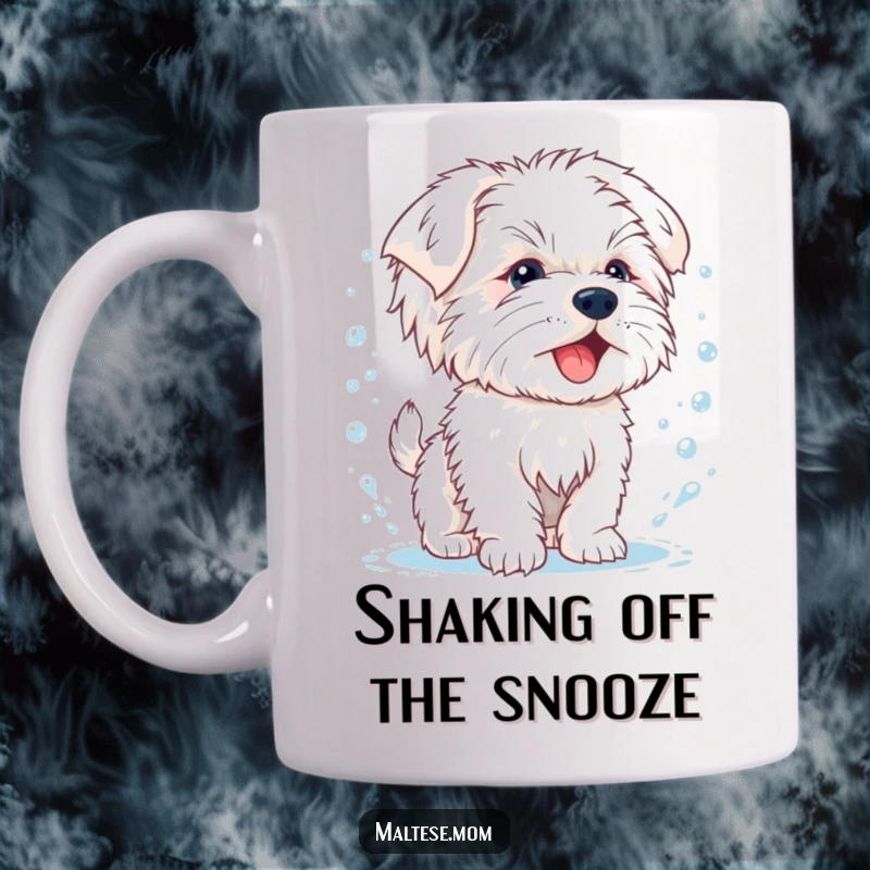 Funny mug with a happy Maltese puppy energetically shaking off water droplets, looking refreshed and playful.