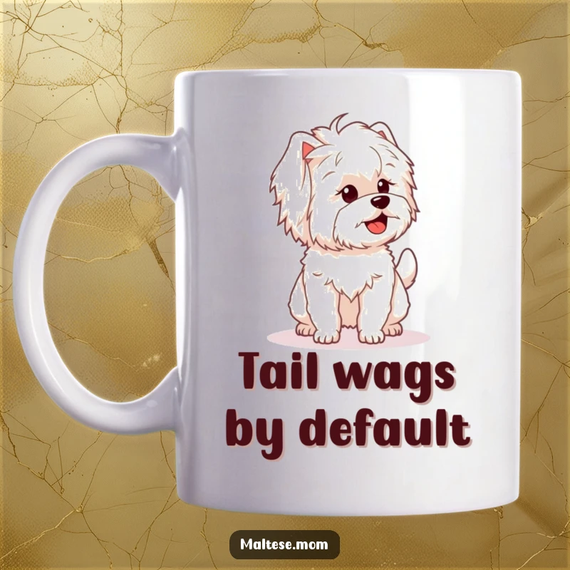 Funny mug featuring a Maltese dog with a fluffy tail wagging enthusiastically, capturing pure canine joy.