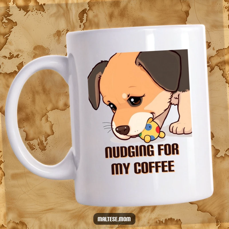 Funny Mug showing a dog nudging a small, colorful toy with its wet nose, conveying playful interaction.