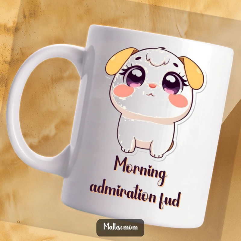 Funny mug showcasing a small, endearing character looking upwards with huge, expressive, adoring eyes, radiating pure innocence and charm.