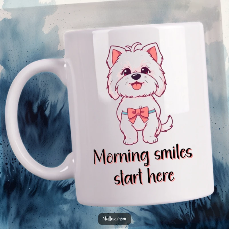 Funny Maltese dog mug showing a happy, panting Maltese wearing a small, cute bow, symbolizing pure joy and cuteness.