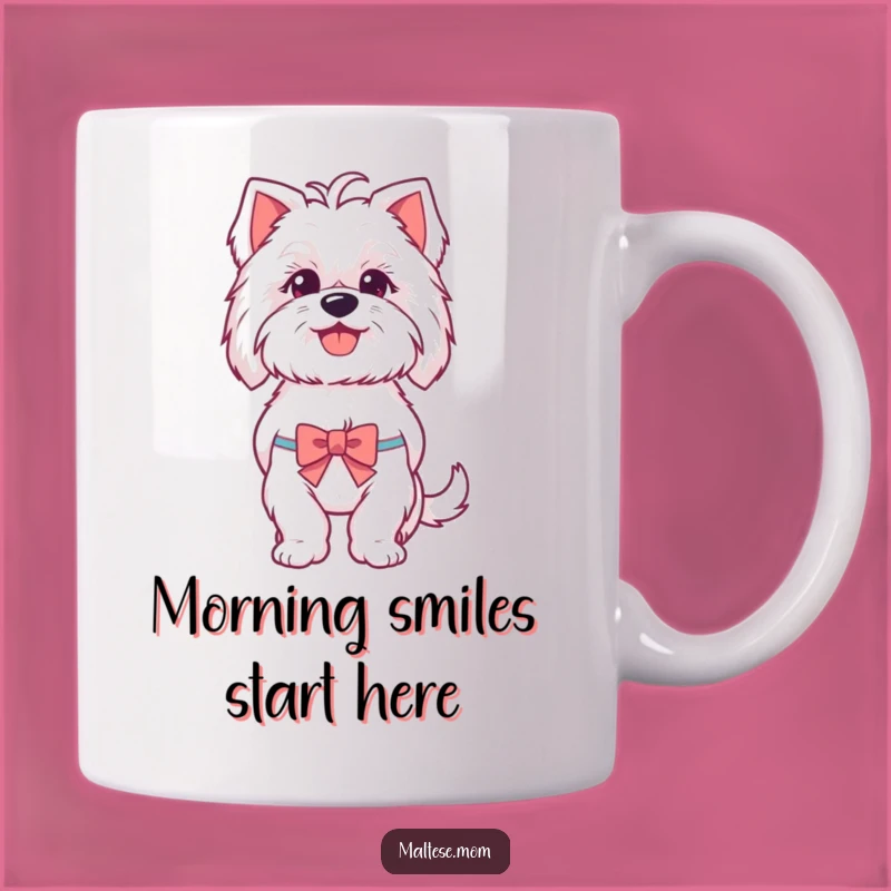 Funny Maltese Dog Mug: Adorable Happy Panting Pup with Tiny Bow, Perfect Funny Gift