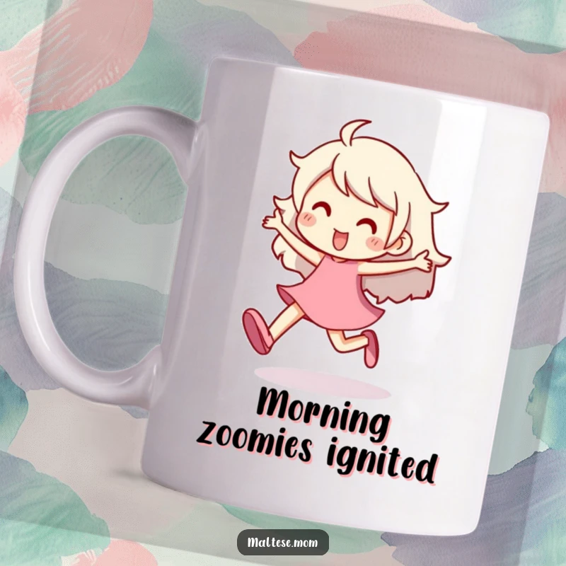 Funny Mug depicting a character prancing energetically with a lighthearted, happy step, radiating pure joy and positive vibes.