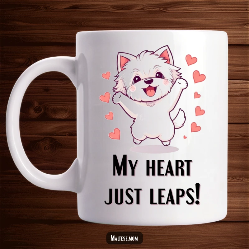 Funny Kawaii Maltese dog mug, joyfully jumping mid-air amidst a shower of little pink hearts, expressing pure, unadulterated happiness.