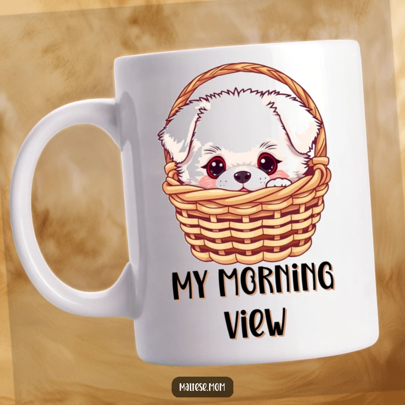 Funny white fluffy dog peeking curiously from a miniature basket on this adorable mug, a perfect gift for dog lovers.