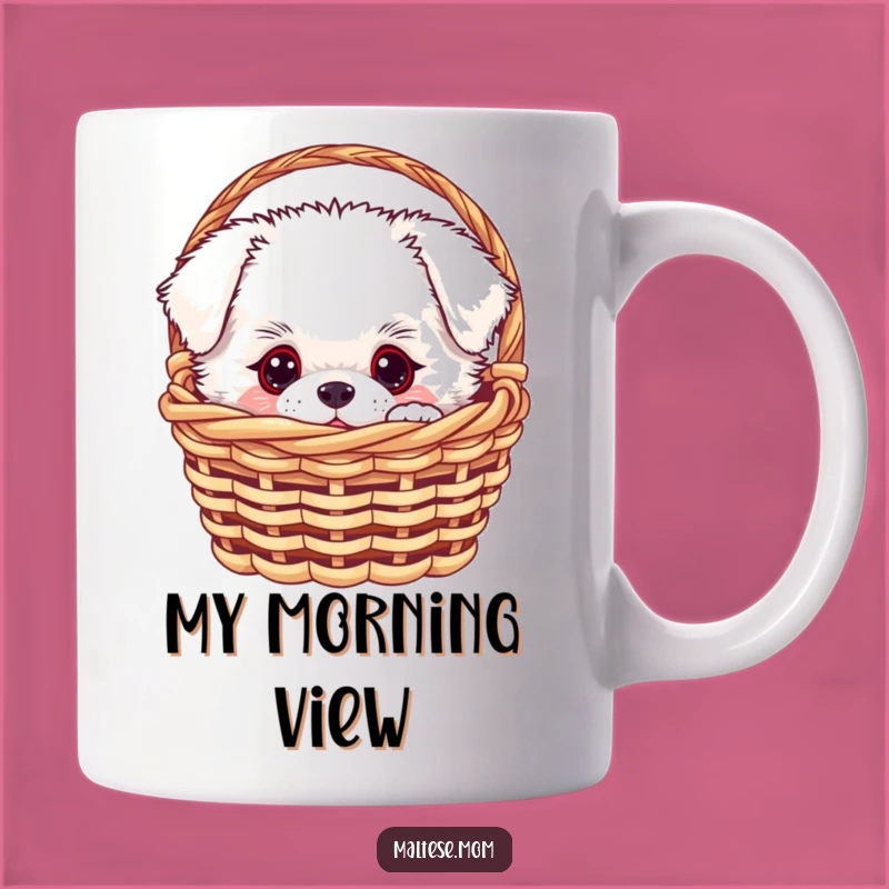 Funny White Fluffy Dog Mug - Curious Pup in Basket, Perfect Gift for Dog Lovers