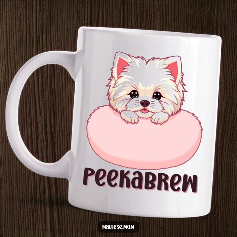 Funny Maltese Lady Mug: A cute Maltese dog peeking from a fluffy pink cushion, looking adorable and funny.